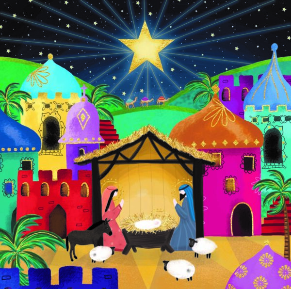 bethlehem nativity scene in bright colours